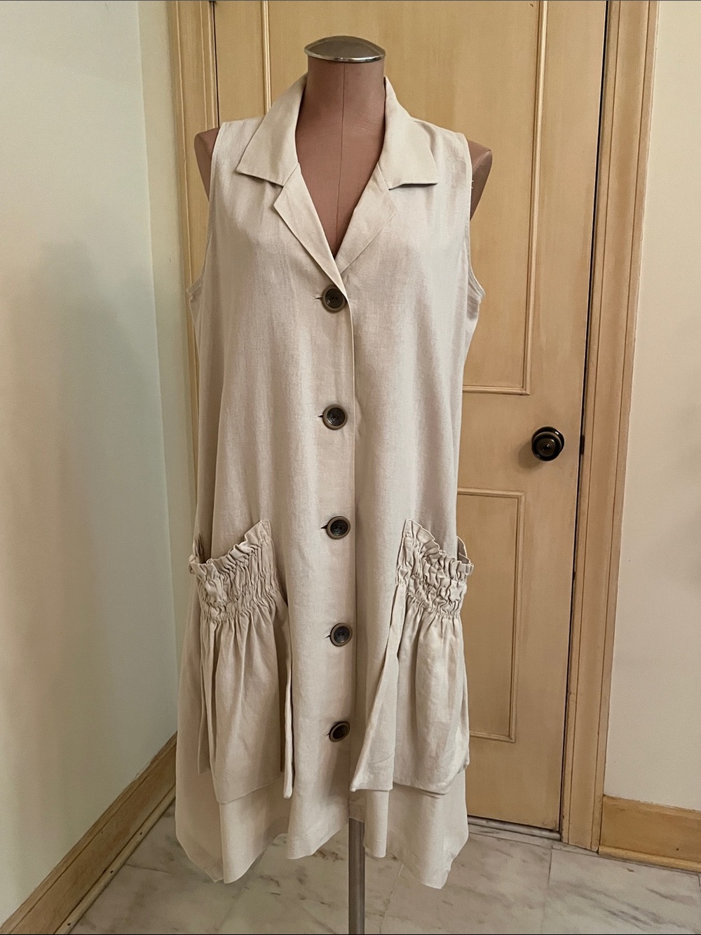 FOR CYNTHIA Artsy Contemporary Sleeveless Button Linen Dress Smocked Pockets M/L